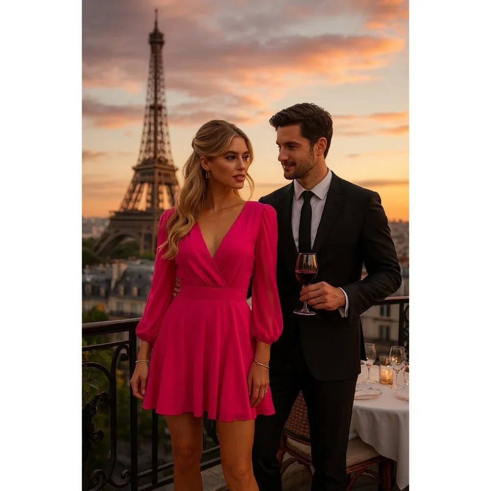 Mac Duggal drawstring sleeve short party dress in hot pink chiffon Size 0  New - Picture 2 of 16